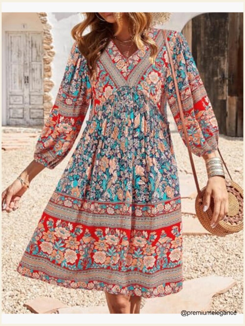 V-Neck 3/4 Sleeve Floral Babydoll Mini Dress Loose Fit Rayon - Picture 3 of 7